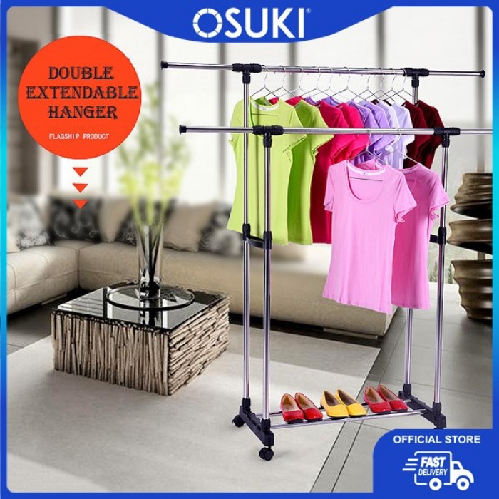 OSUKI Portable Double Pole Clothes Hanging Rack Stand (Adjustable Height &  Length Stainless Steel)