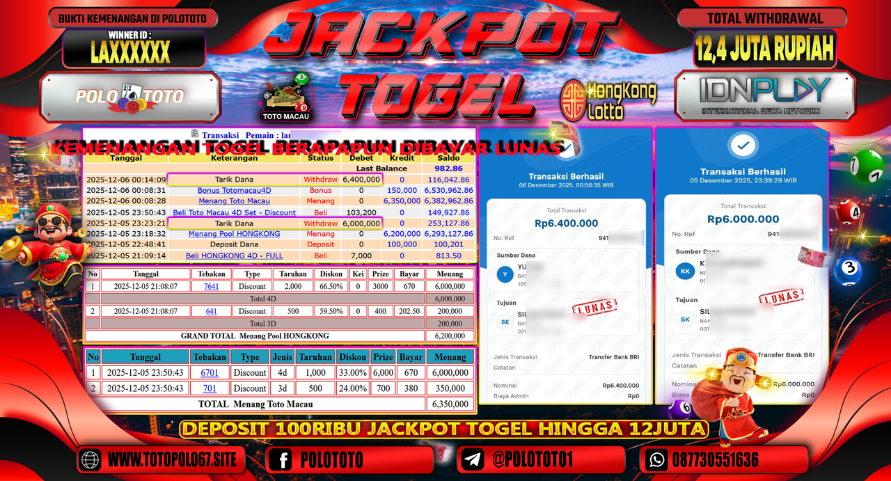 POLOTOTO JACKPOT TOGEL MENANG HONGKONG LOTTO DAN MENANG TOTO MACAU Rp.12.400.000,- LUNAS