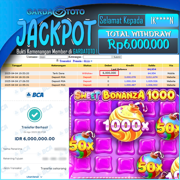 JACKPOT SLOT MAIN DI SLOT SWEET BONANZA 1000 WD Rp 6.000.000,- DIBAYAR LUNAS GARDATOTO MANTAP !