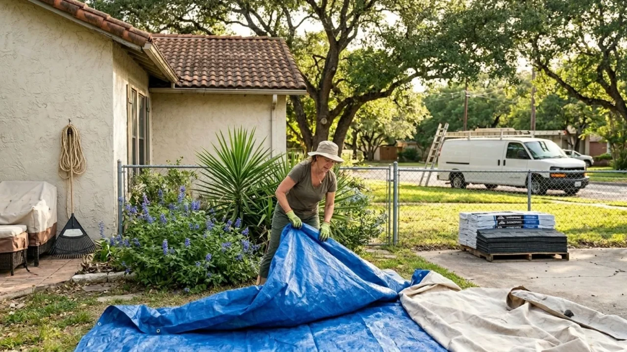 Homeowner preparing yard before roof replacement San Antonio