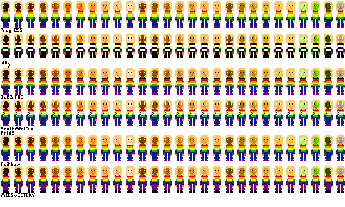 a row of people with pride flag shirts and orange hair
