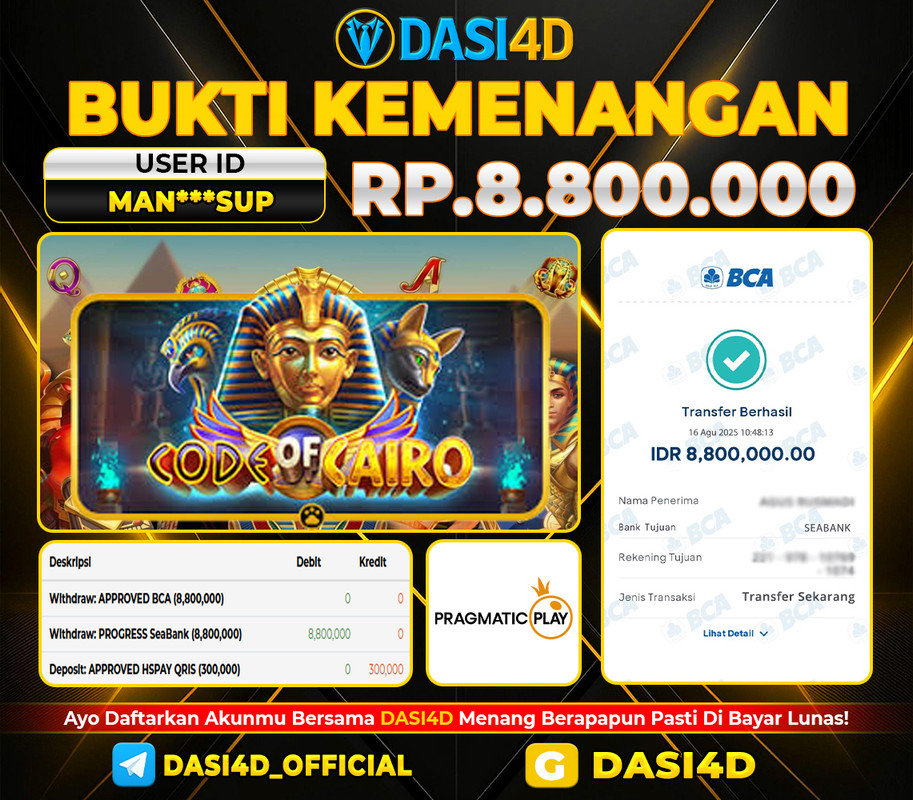 BUKTI KEMENANGAN 16 AGUSTUS 2025 DI CODE OF CAIRO WD 8.800.000