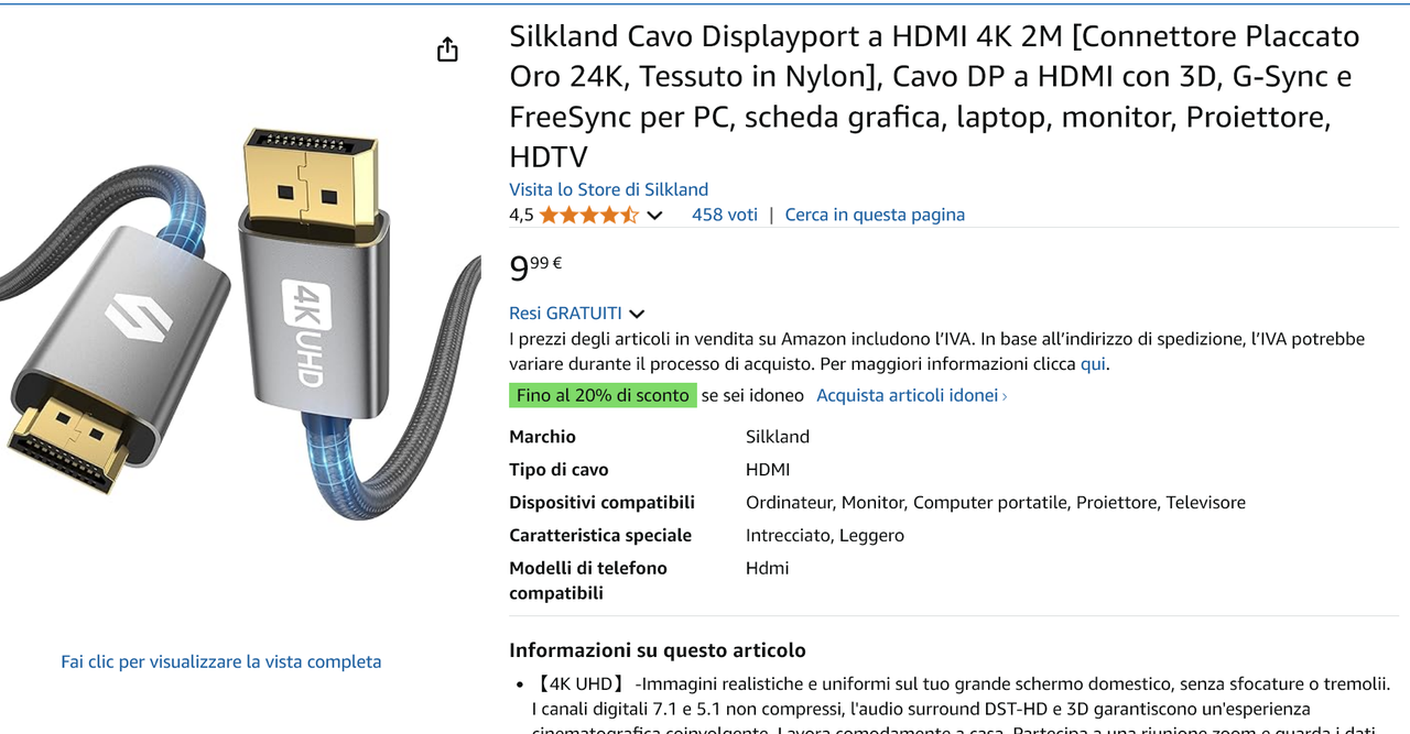 Screenshot 2025-03-17 at 17-36-02 Silkland Cavo Displayport a HDMI 4K 2M Connettore Placcato Oro 24K