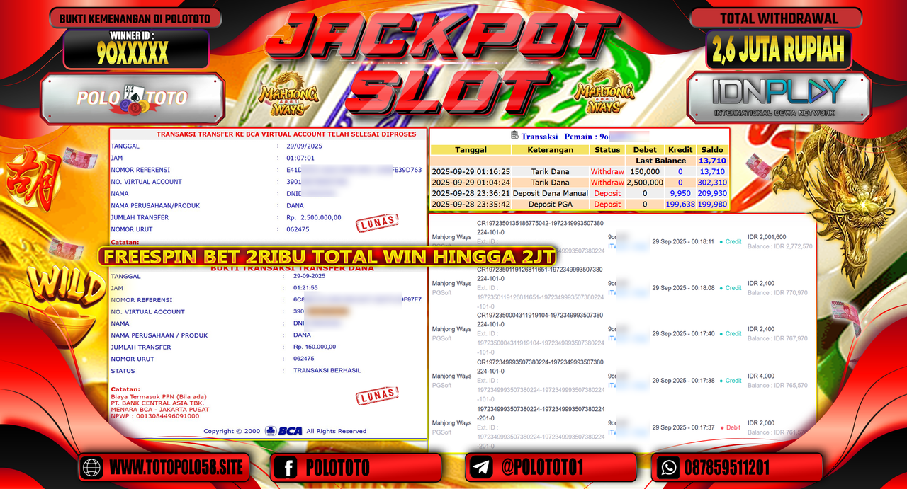 POLOTOTO JACKPOT SLOT MAHJONG WAYS Rp.2.600.000,- LUNAS