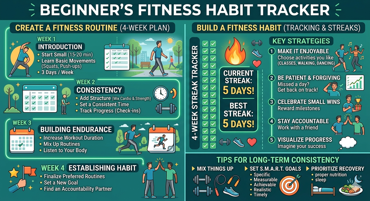 Fitness habit tracker for beginners showing create a fitness routine and build a fitness habit with streak tracking