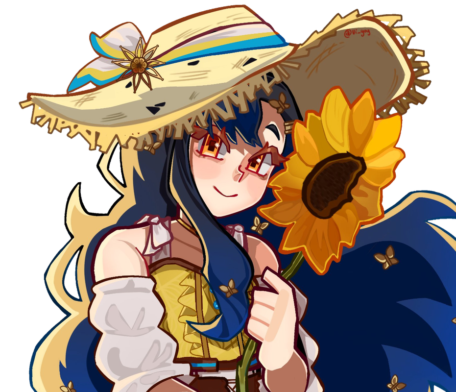 An Shiraishi smiling warmly while holding a large sunflower || art by @vi__yoy