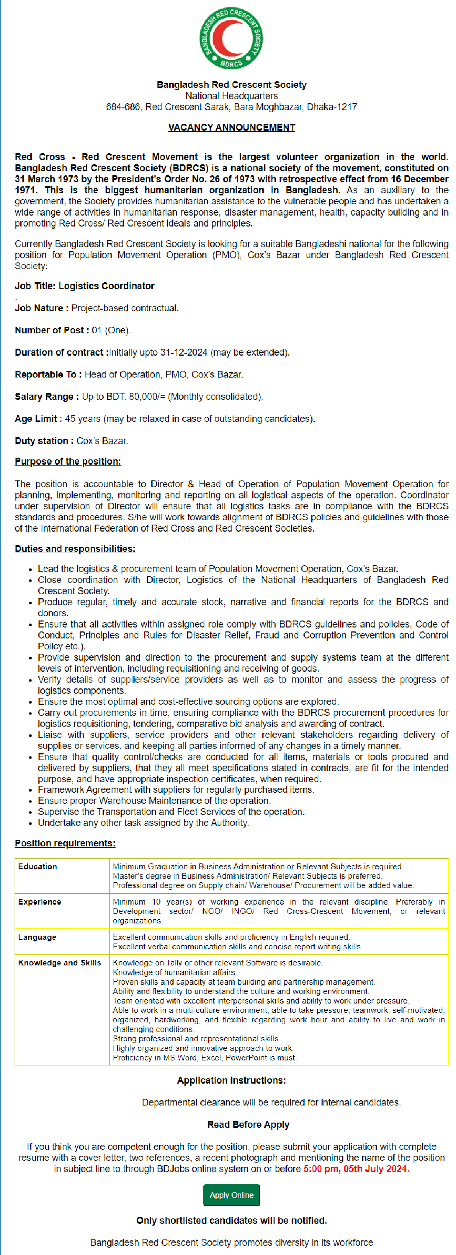 বাংলাদেশ রেড ক্রিসেন্ট সোসাইটি নিয়োগ ২০২৪