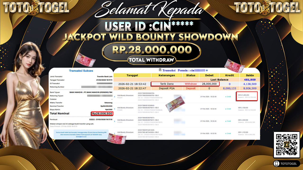 Bukti Pembayaran Jackpot Permainan Slot Wild Bounty Showdown ID:CIN*****LUNAS