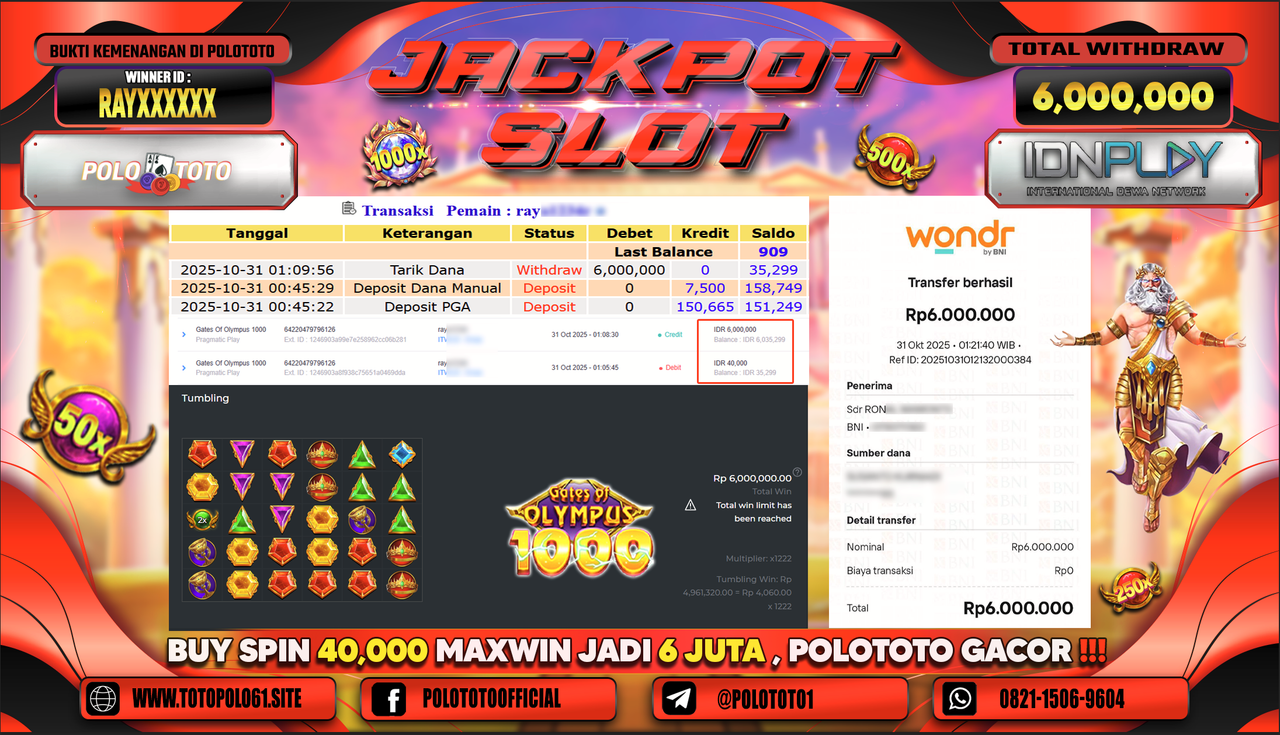 POLOTOTO JACKPOT SLOT GATES OF OLYMPUS 1000 Rp.6.000.000,- LUNAS