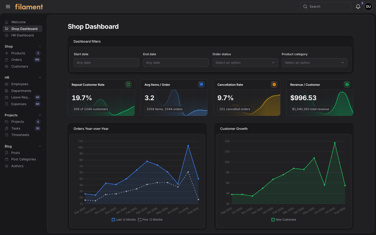 Stature Theme Shop Dashboard with sidebar navigation in dark mode