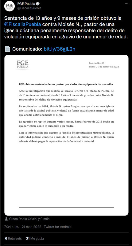 Pastor que abusó sexualmente de una niña es encarcelado en Puebla