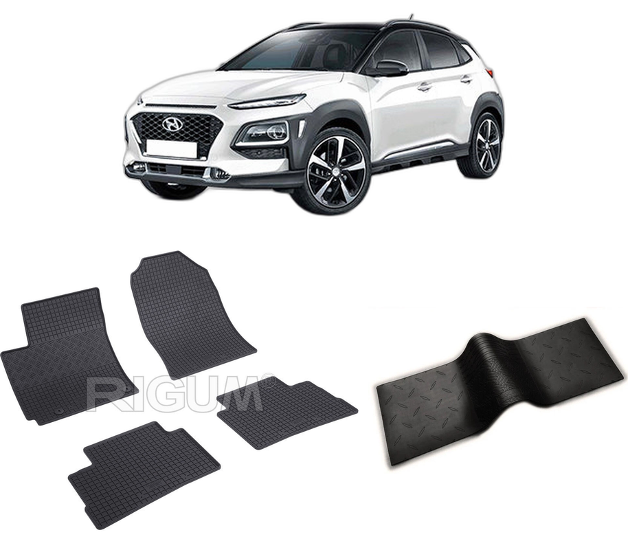 Set covorase auto HYUNDAI KONA din 11.2017-03.2023, cu covoras tunel median, CAROSERIE SUV INCLUSIV FACELIFT, Presuri cauciuc 100%, compatibil cu autoturismul HYUNDAI KONA, Rigum