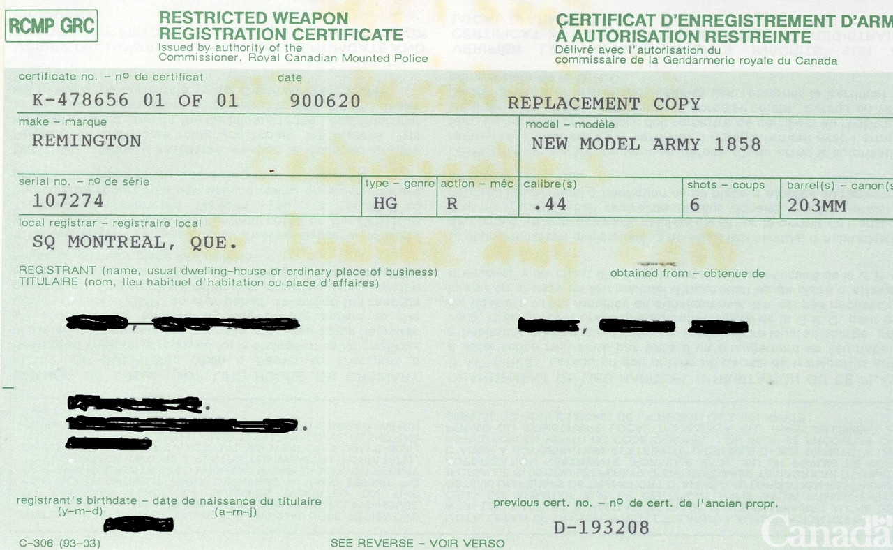 Old Remington certificate