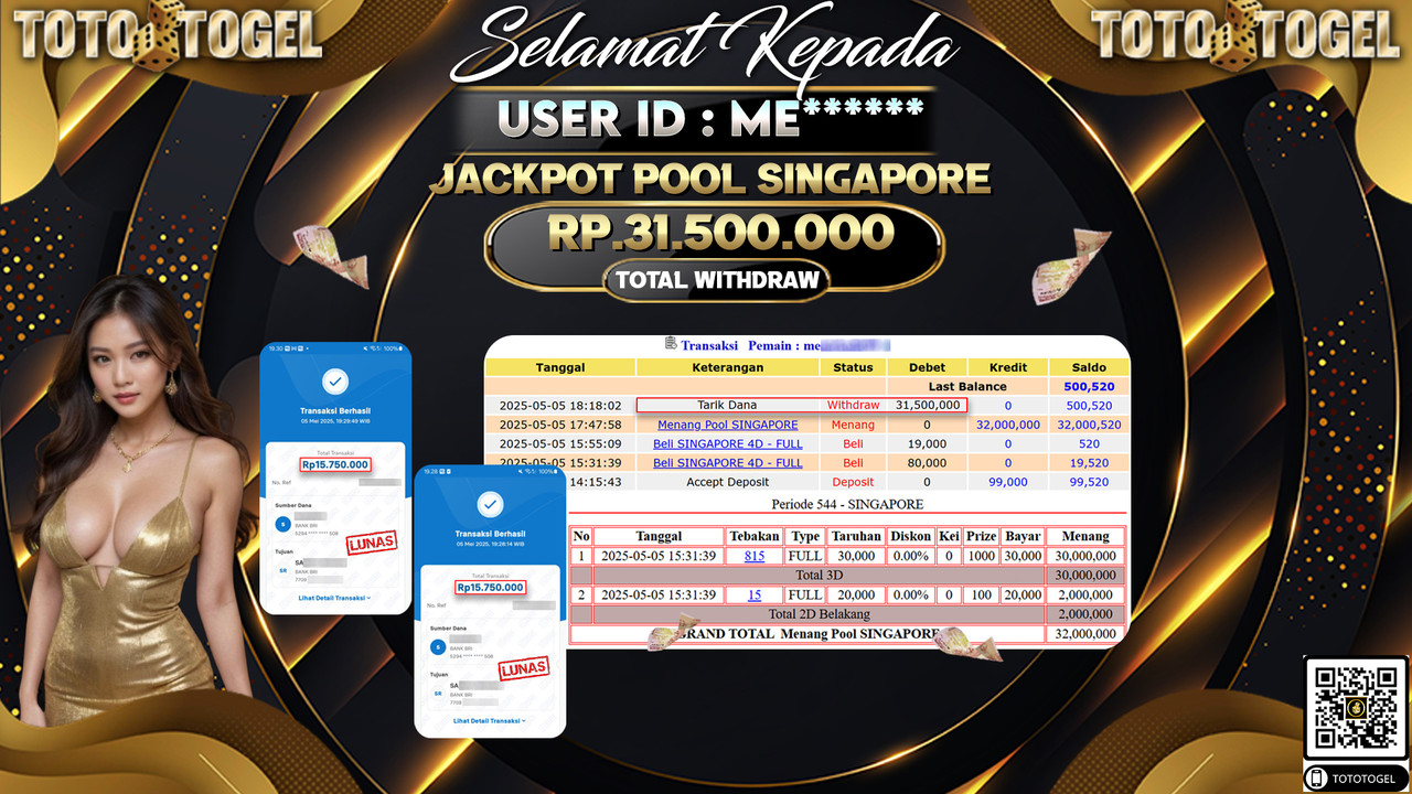 Bukti Pembayaran Jackpot  Permainan Togel Pool Singapore ID:ME***** LUNAS