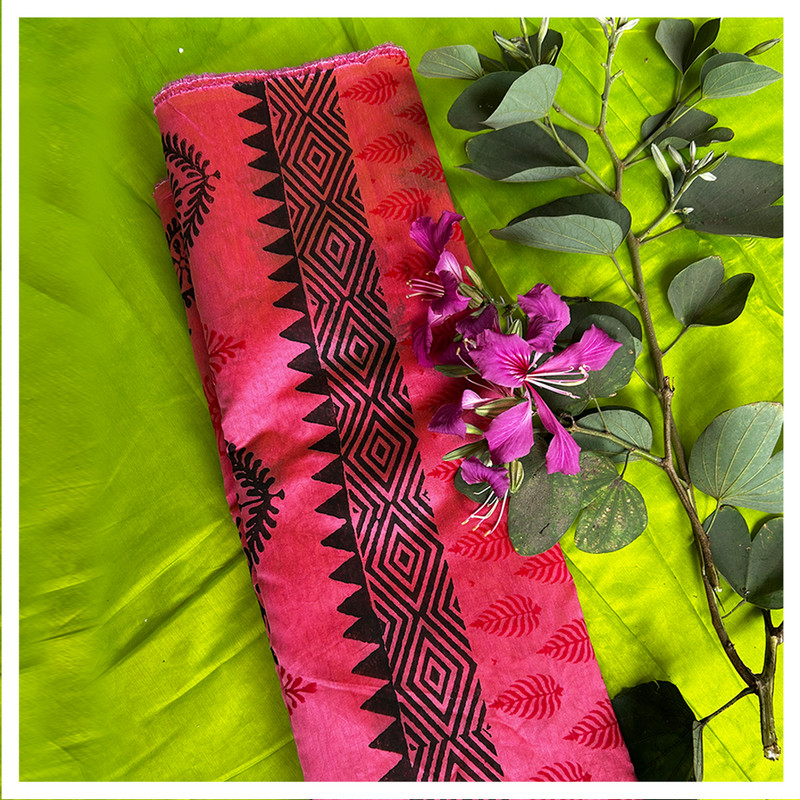 Hand Block Printed Pink Saree with Red and Black Motifs