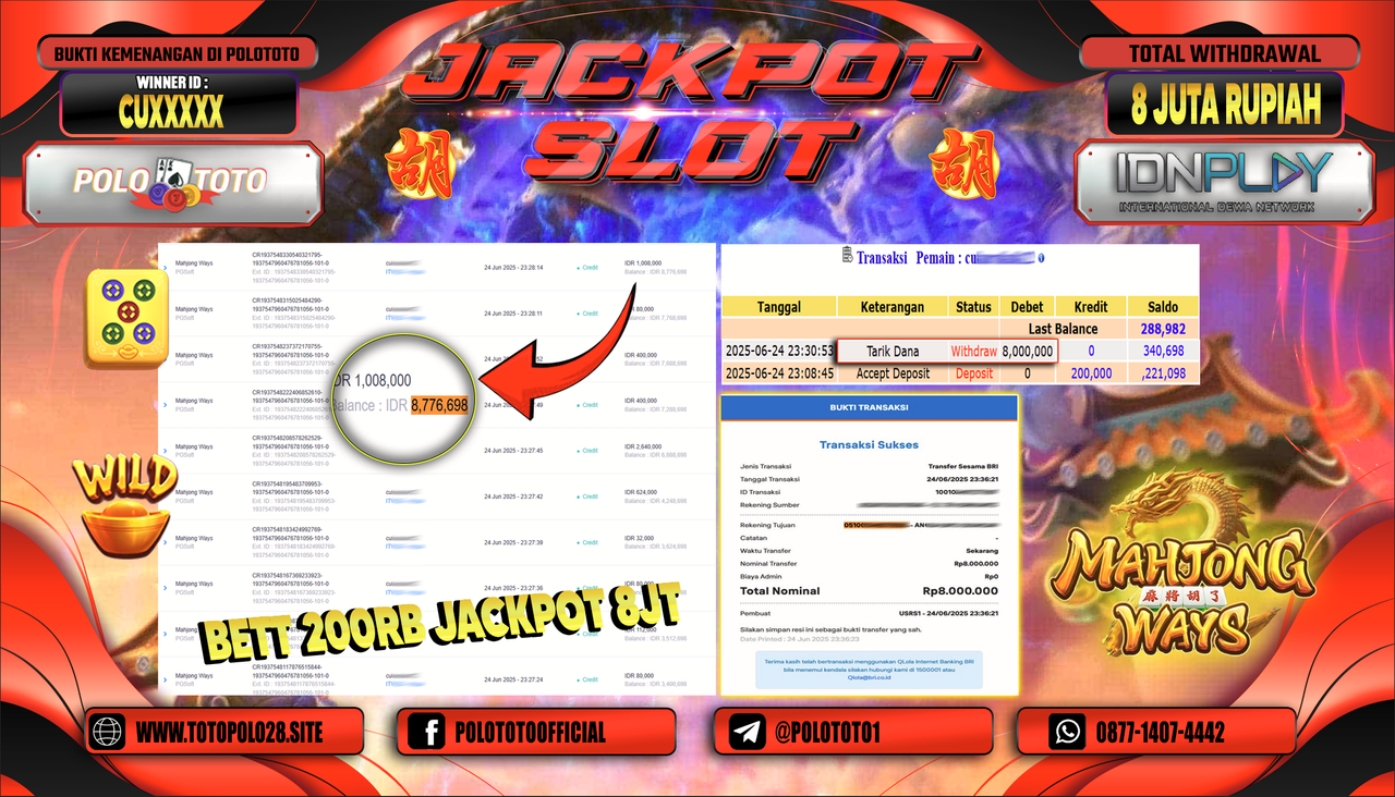 POLOTOTO JACKPOT SLOT MAHJONG WAYS Rp.8.000.000,-