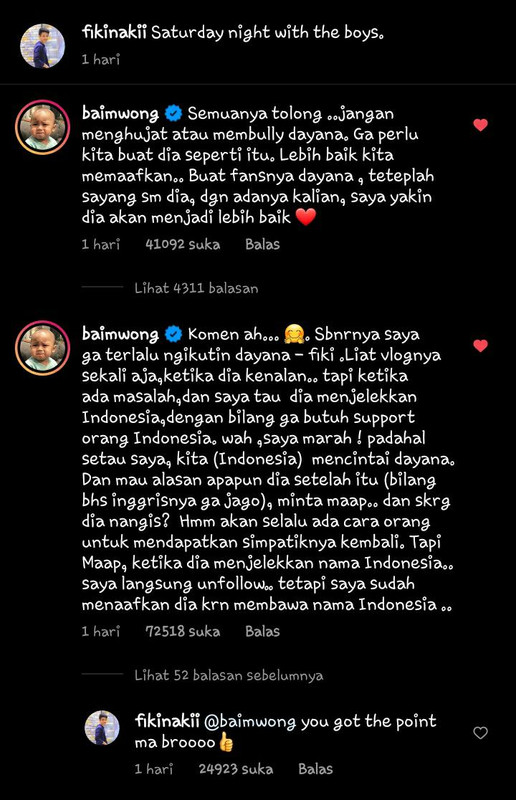 Komentar Baim Wong di unggahan Fiki Naki