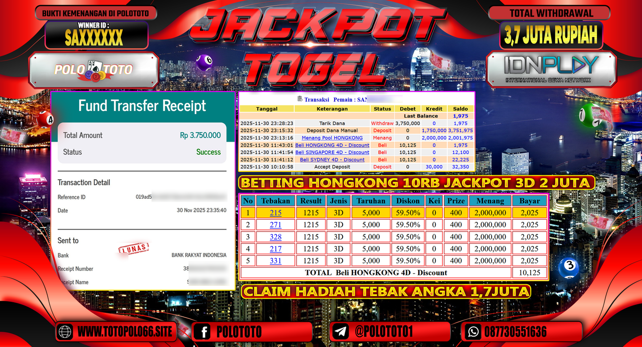 POLOTOTO JACKPOT TOGEL MENANG HONGKONG LOTTO Rp.3.700.000,- LUNAS