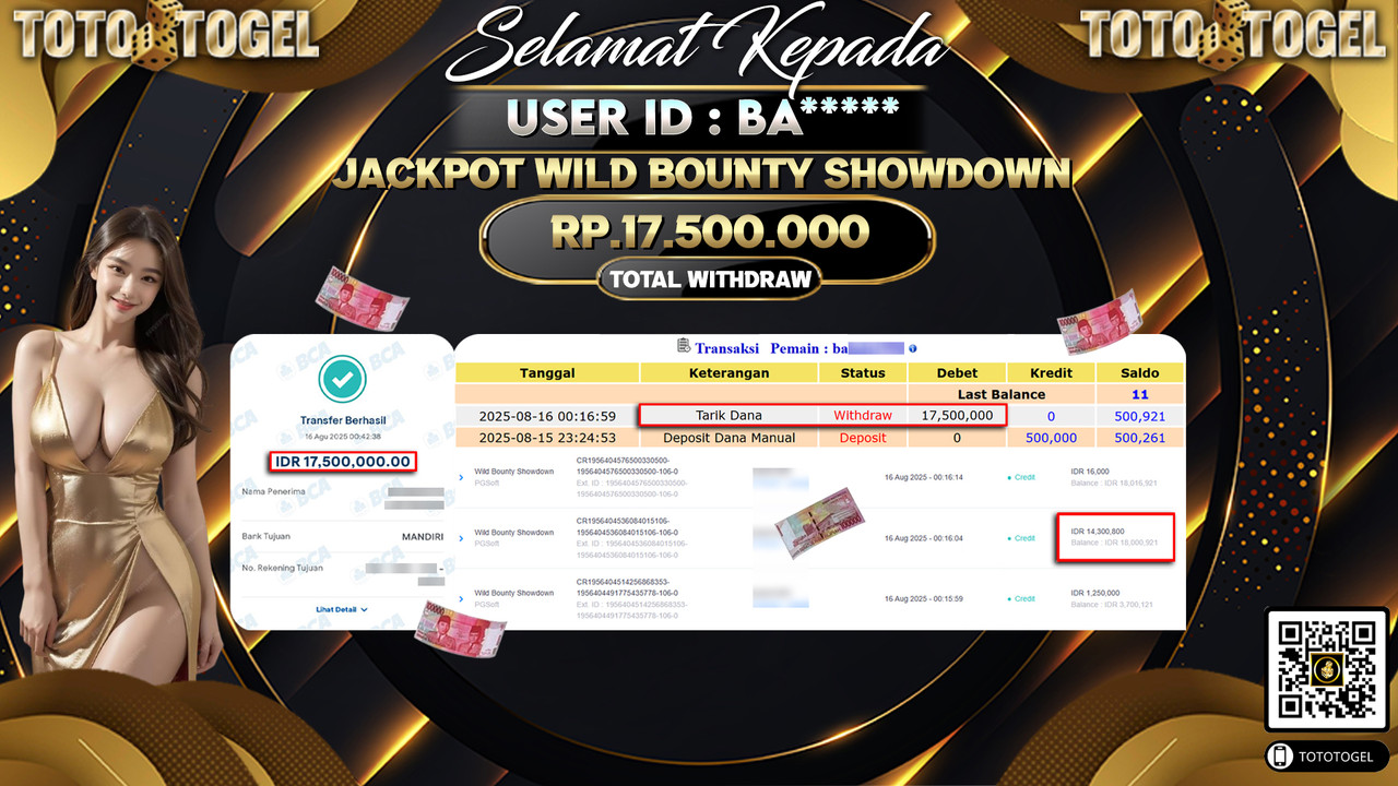 Bukti Pembayaran Jackpot Permainan Slot Wild Bounty Showdown ID:BA***** LUNAS
