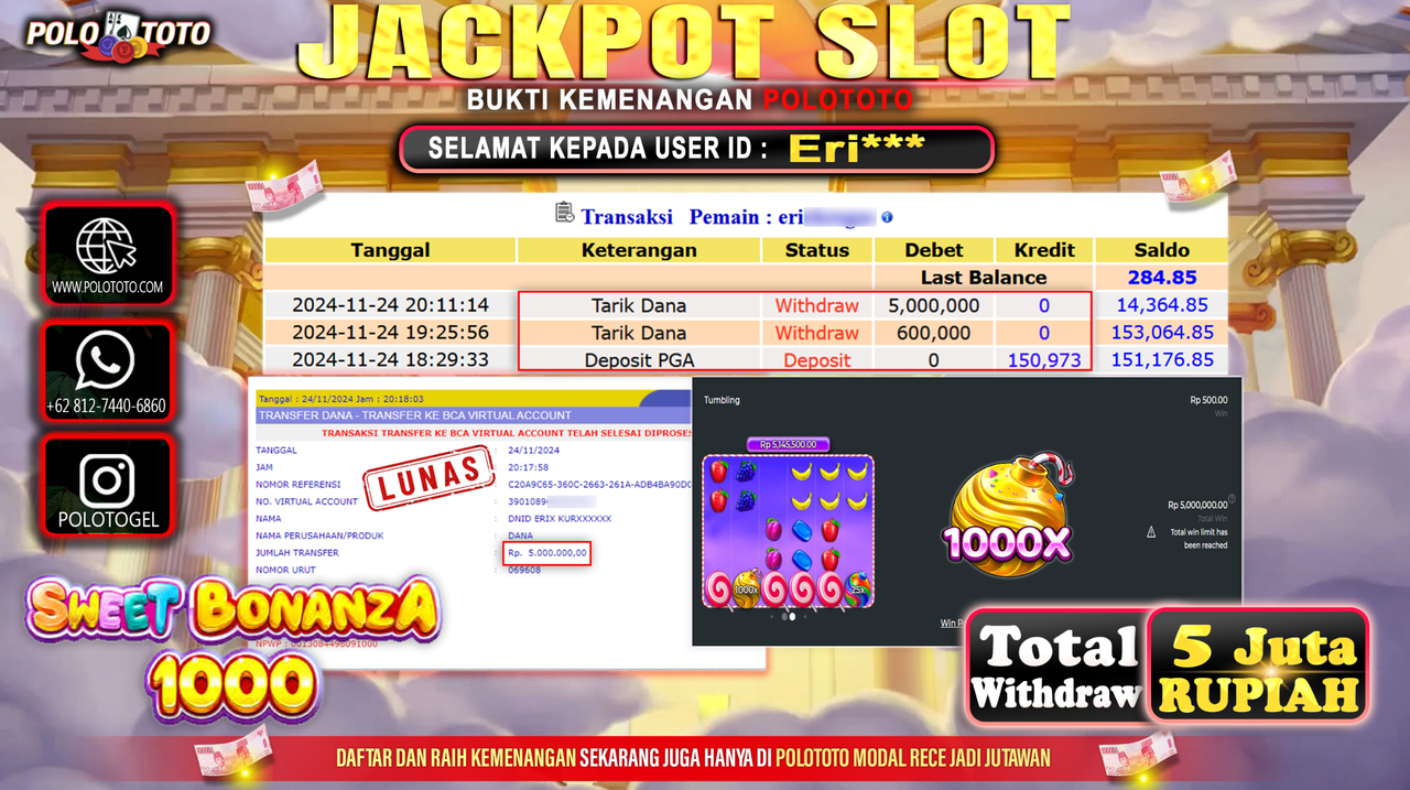 POLOTOTO JACKPOT SLOT SWEET BONANZA 1000 Rp.5.000.000,- 