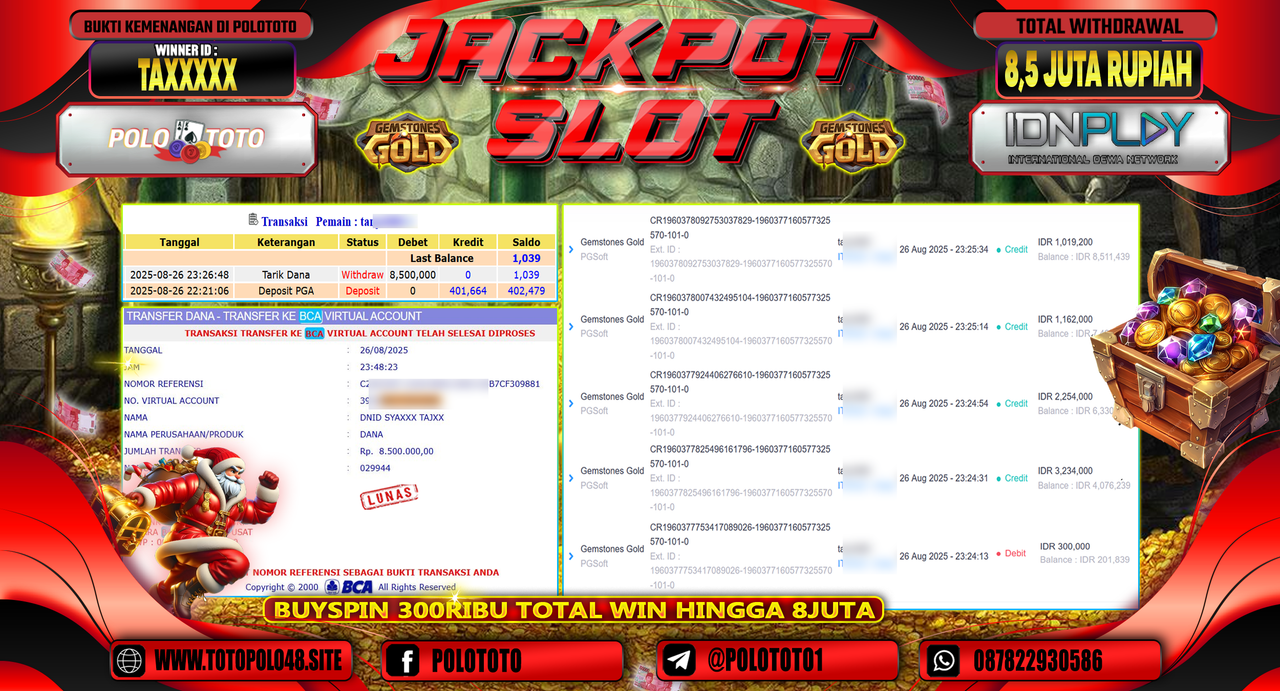 POLOTOTO JACKPOT SLOT GEMSTONES GOLD Rp.8.500.000,-