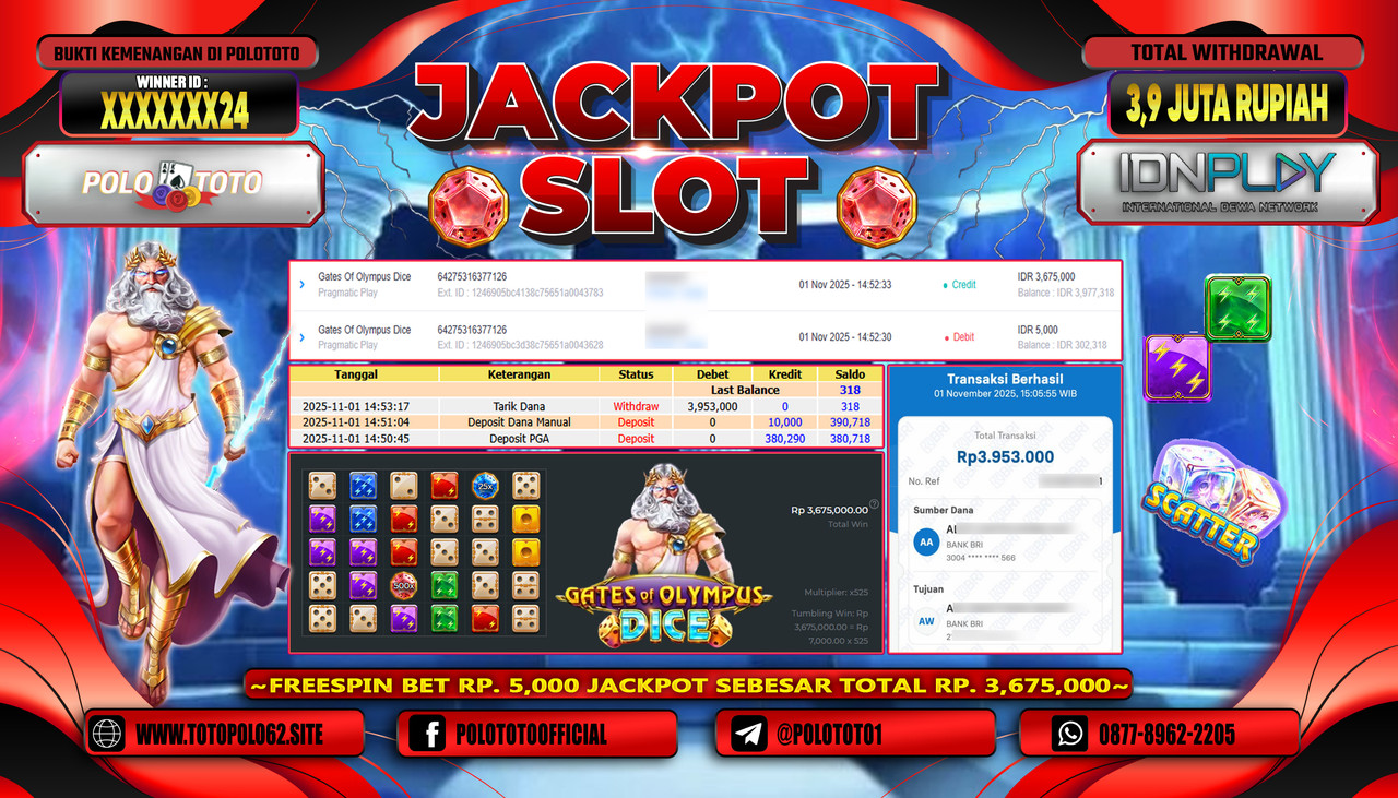 POLOTOTO JACKPOT SLOT GATES OF OLYMPUS DICE Rp.3.900.000,- LUNAS