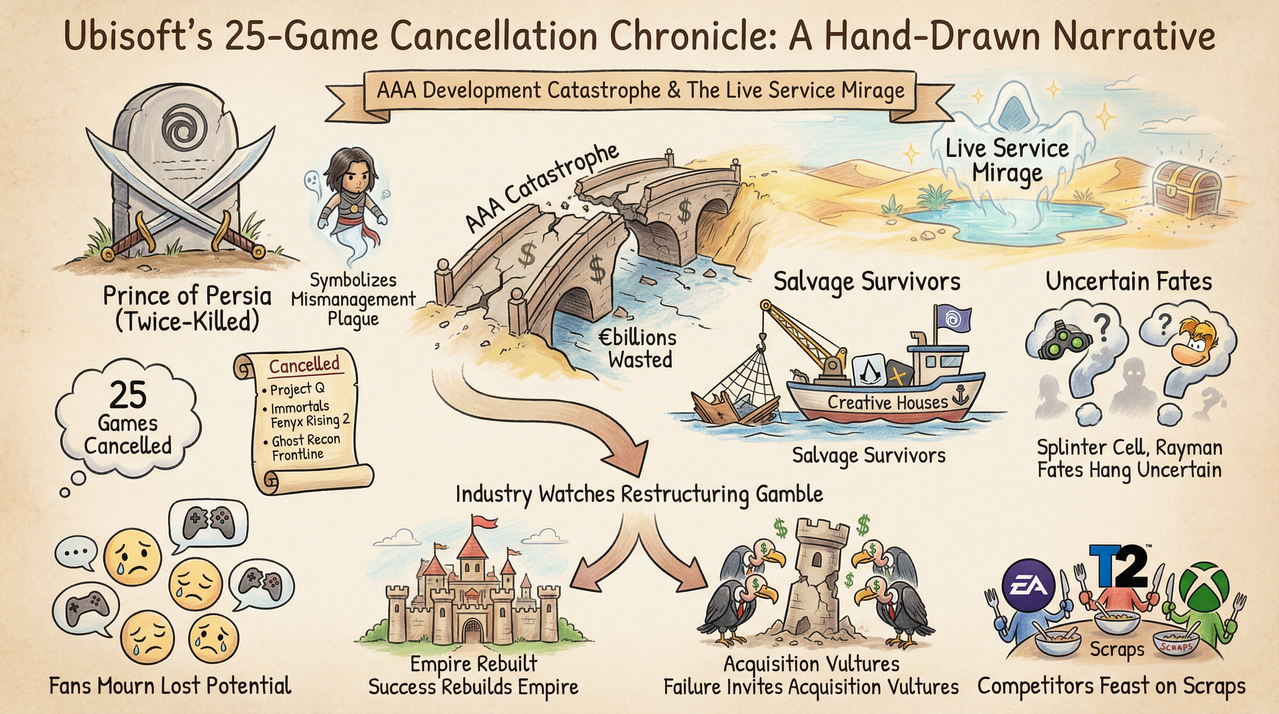Ubisoft's Cancellation Bloodbath: 25+ Games Axed Since 2018 Exposed 1 Abandoned game development office with cancelled project posters