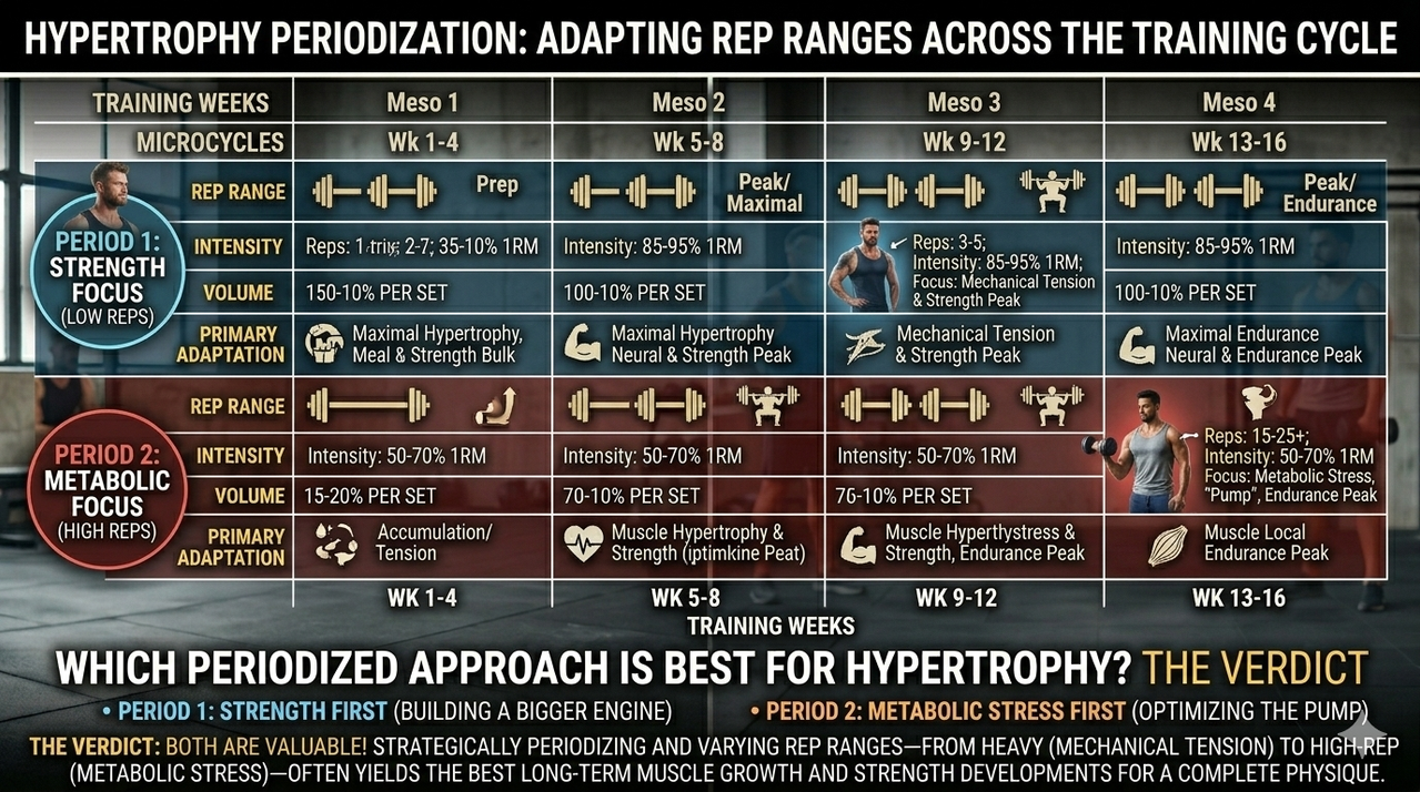 Periodization chart showing different rep ranges across training cycle for high reps vs low reps which is best for hypertrophy