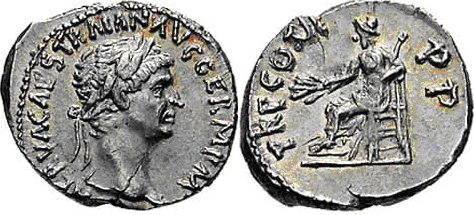Denario de Trajano. TR P COS II P P. Iustitia o Concordia sedente a izq. 3