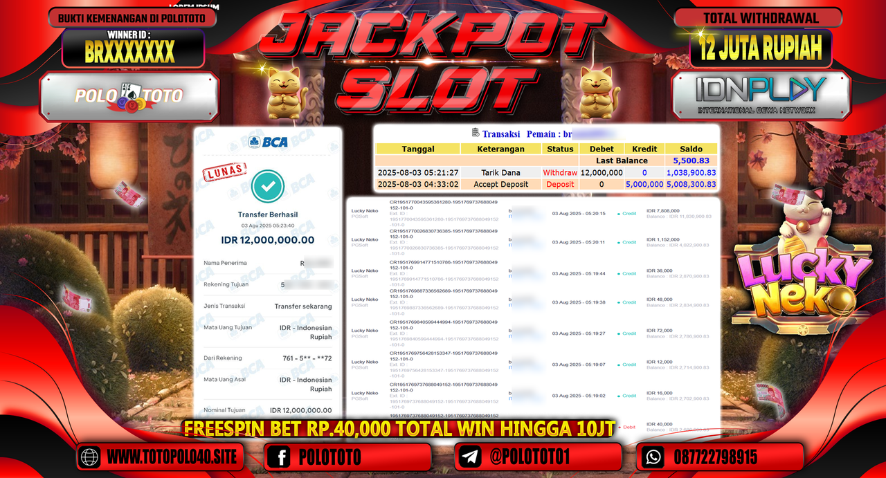 POLOTOTO JACKPOT SLOT LUCKY NEKO Rp.12.000.000,-LUNAS