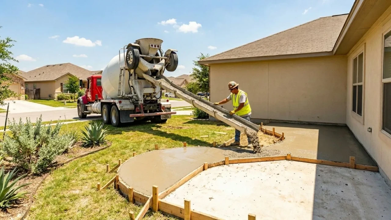Concrete patio extension pour timing San Antonio summer heat