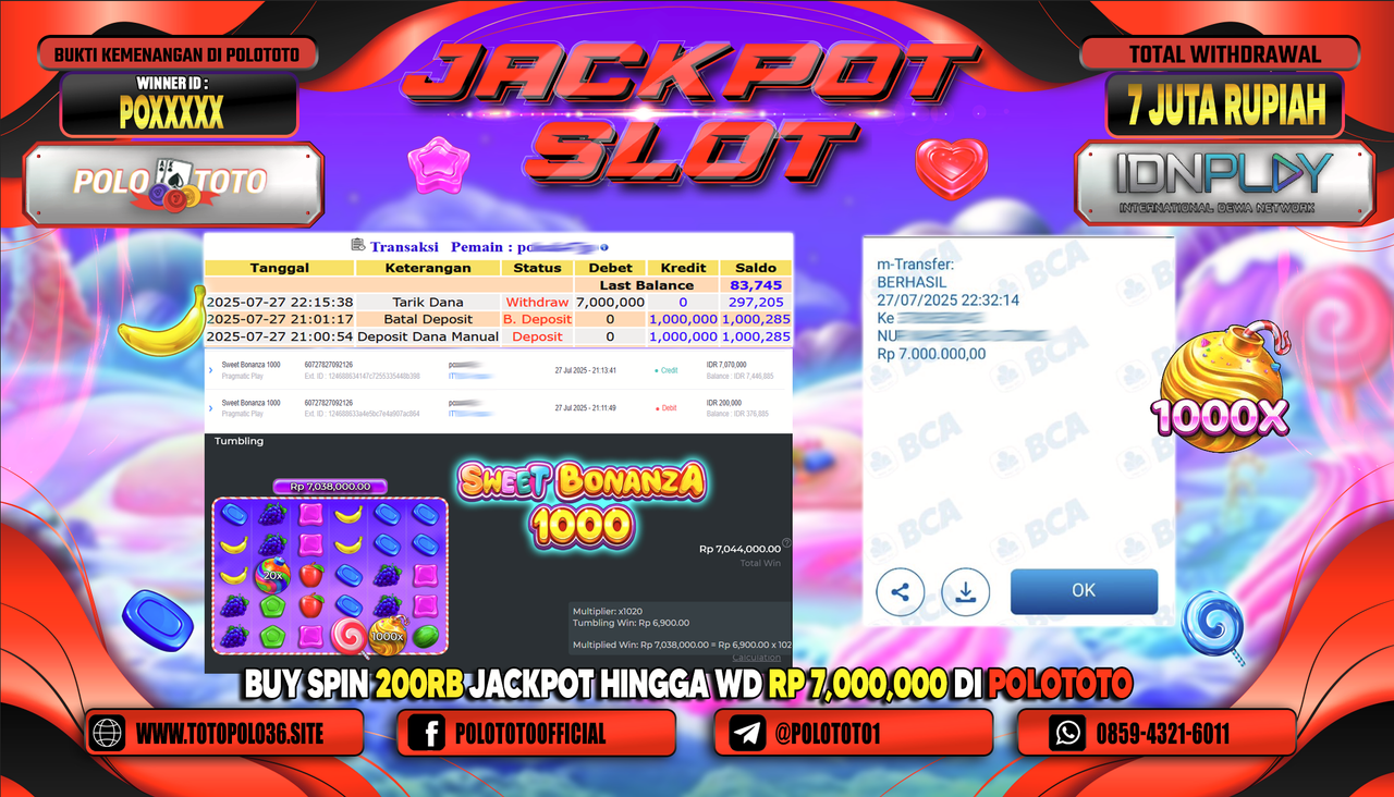 POLOTOTO JACKPOT SLOT SWEET BONANZA 1000 Rp.7.000.000,-LUNAS