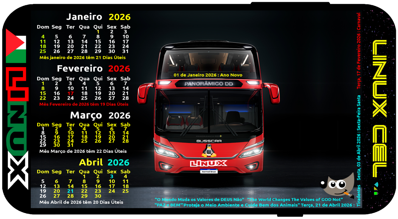 Busscar DD Panoramico NB1 Frontal Calendarios JFMA 2026 Linux Cel Celular Horiz Extra Photo Promo Gi