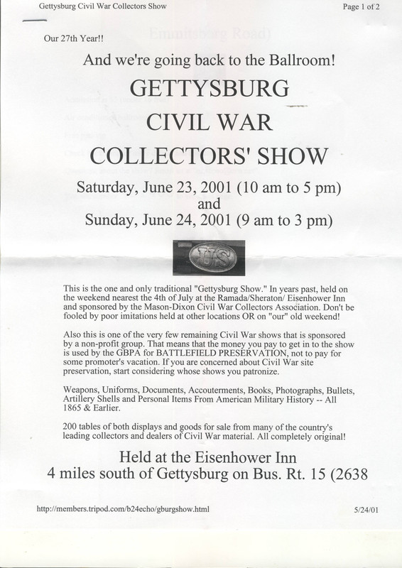 Gettysburg Civil War Collector's  Show  June 23 and 24th 2001