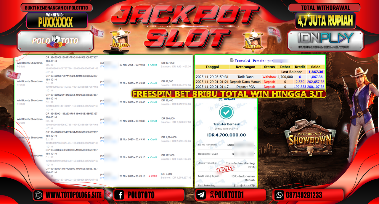 POLOTOTO JACKPOT SLOT WILD BOUNTHY SHOWDOWN Rp.4.700.000,- LUNAS