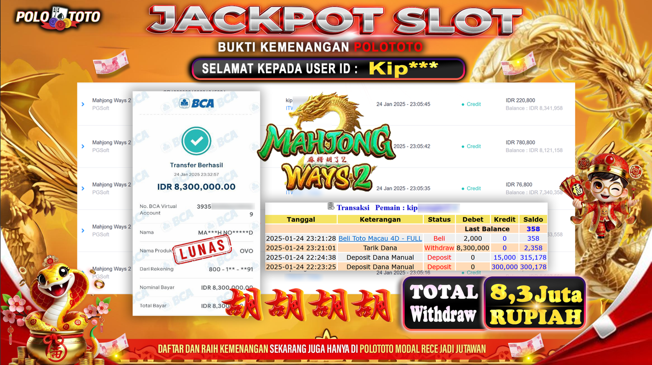 POLOTOTO JACKPOT SLOT MAHJONG WAYS 2 Rp.8,300.000,- 