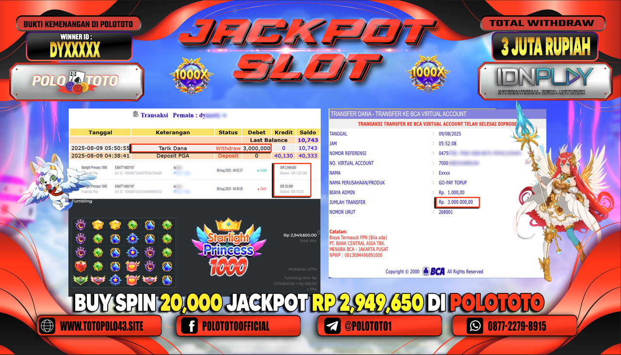 POLOTOTO JACKPOT SLOT STARLIGHT PRINCESS 1000 Rp.3.000.000,-LUNAS
