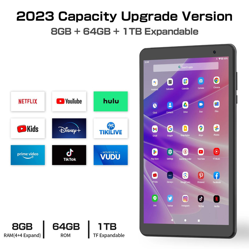 Tablette Android 13 8'' IPS HD - 8Go RAM + 64Go ROM (extensible 1To)