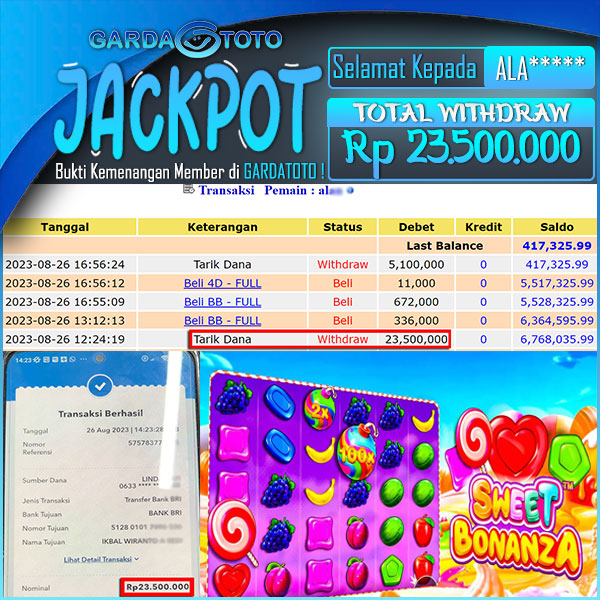 JACKPOT SLOT MAIN DI SLOT SWEET BONANZA WD Rp 23.500.000,- DIBAYAR LUNAS
