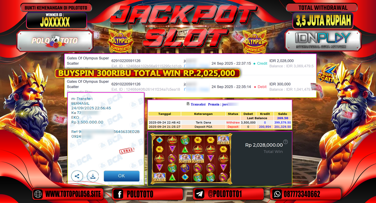 POLOTOTO JACKPOT SLOT GATES OF OLYMPUS SUPER SCATTER Rp.3.500.000,- LUNAS