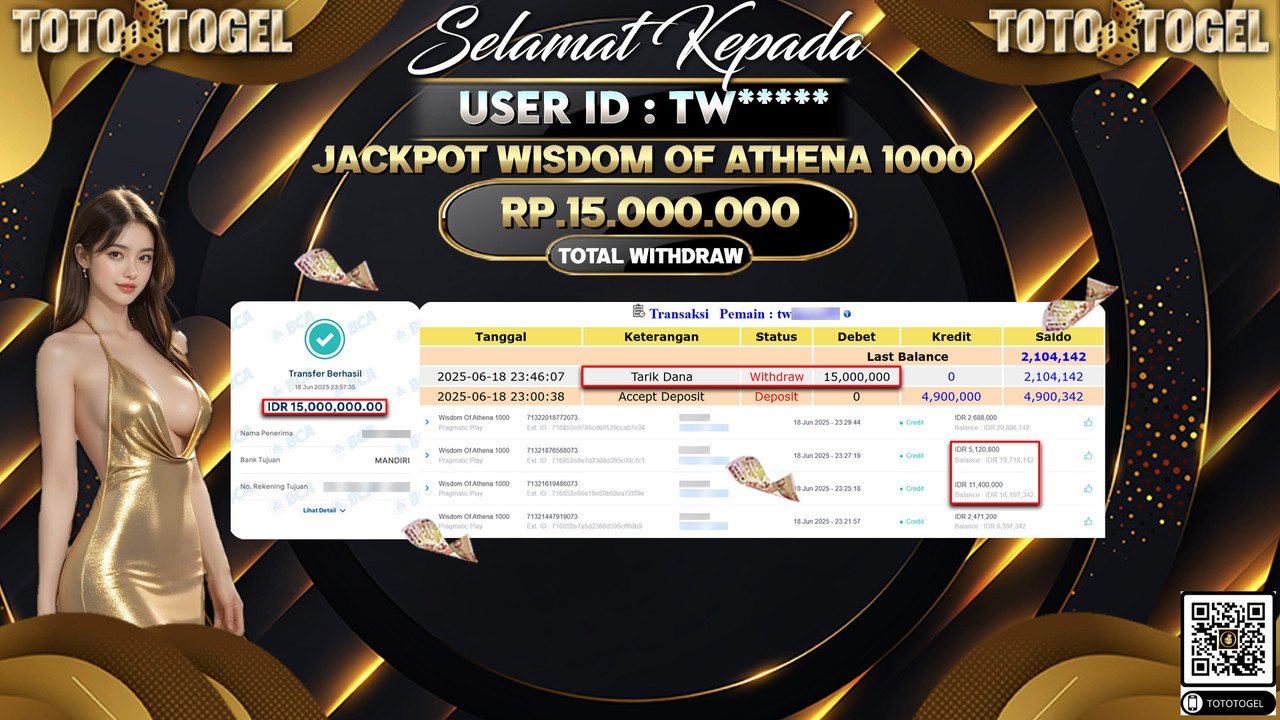 Bukti Pembayaran Jackpot Permainan Slot Wisdom Of Athena 1000 ID:TW***** LUNAS