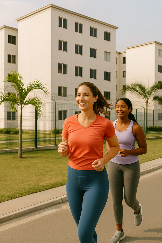Mulheres correndo e praticando exercícios dentro do condomínio