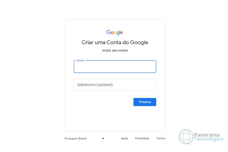 Página de criação de conta do Gmail com os campos para inserir nome e sobrenome.