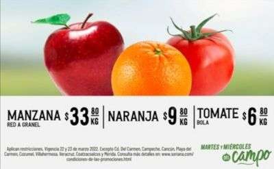 Soriana Híper y Súper: Martes y Miércoles del Campo 22 y 23 Marzo: Jitomate Bola $6.80 kg • Naranja $9.80 kg • Manzana Red $33.80 kg. 