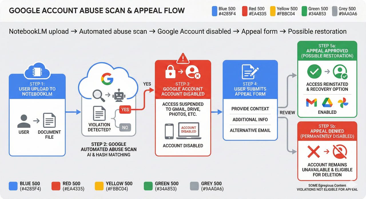 Flowchart showing the Google NotebookLM account ban process: upload to automated abuse scan to account disabled to appeal form to possible restoration