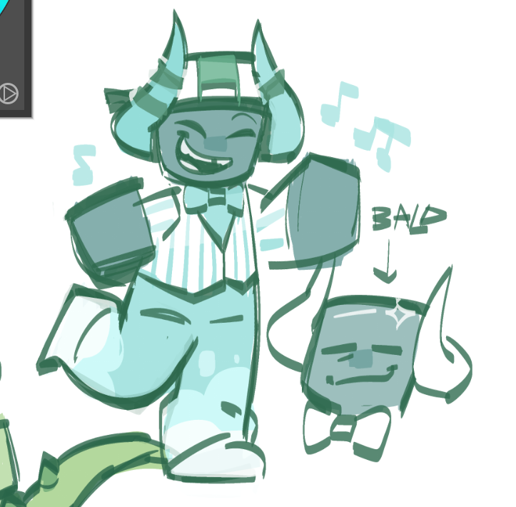 Boombox dressed in a style similar to the 1920's jazz style, without his visor, as he poses and sings, including a doodle on the side with him without his hat.