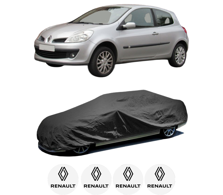 Husa tip prelata auto pentru RENAULT CLIO III Hatchback Van (SB_, SR_) din 2005-2014, Culoare Negru, material textil impermeabil, rezistanta la intemperii praf UV, CARPASSION Husa Protectie, 4 Stickere auto cu RENAULT