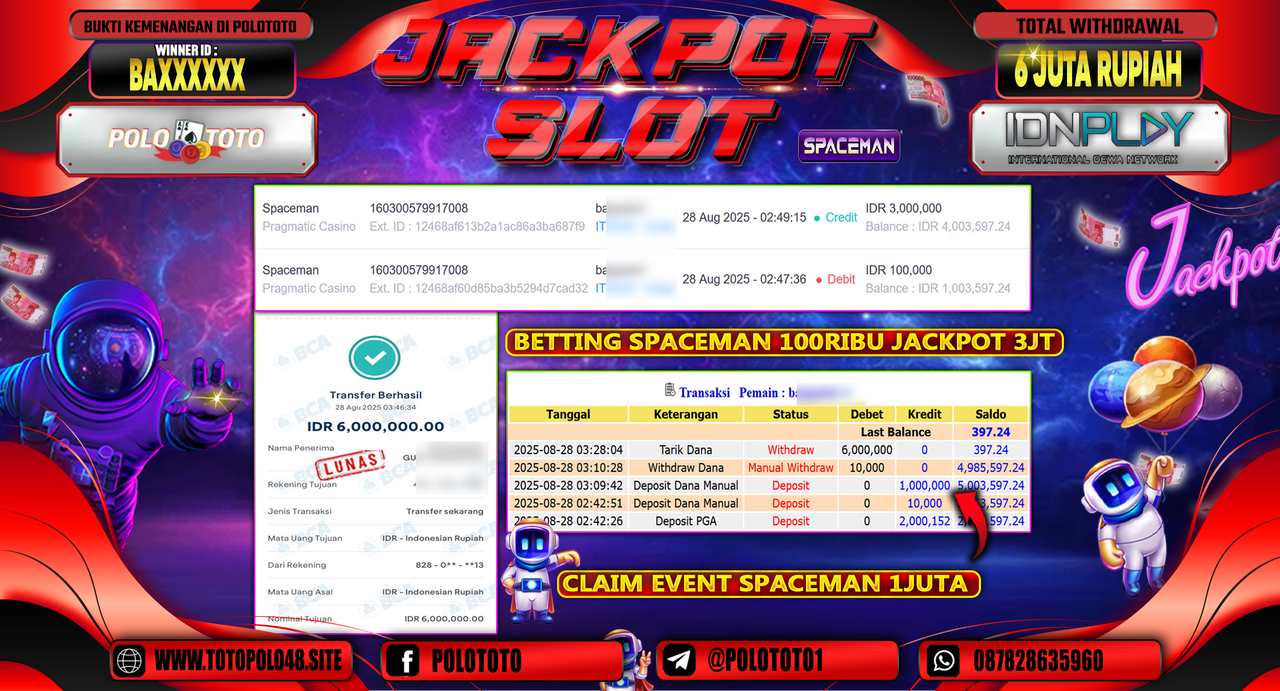 POLOTOTO JACKPOT SLOT SPACEMAN Rp.6.000.000,- LUNAS