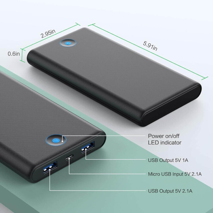 Power bank Fochew de 20000mAh color negro, mostrando sus puertos USB.