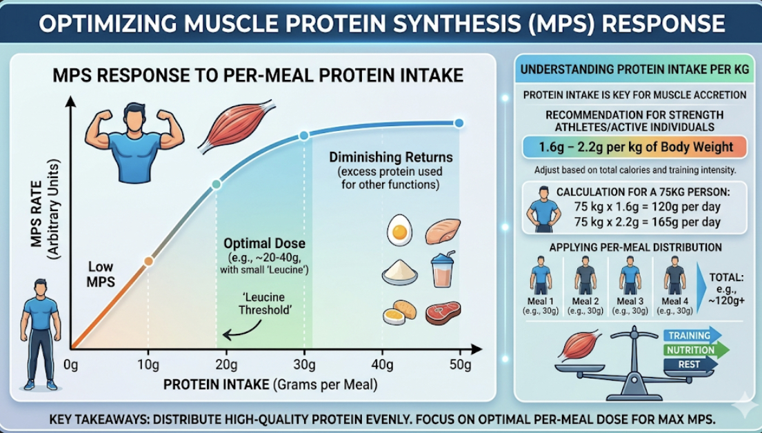 Infographic showing muscle protein synthesis response to protein intake per meal, illustrating how much protein per kg muscle growth and protein intake per kg timing